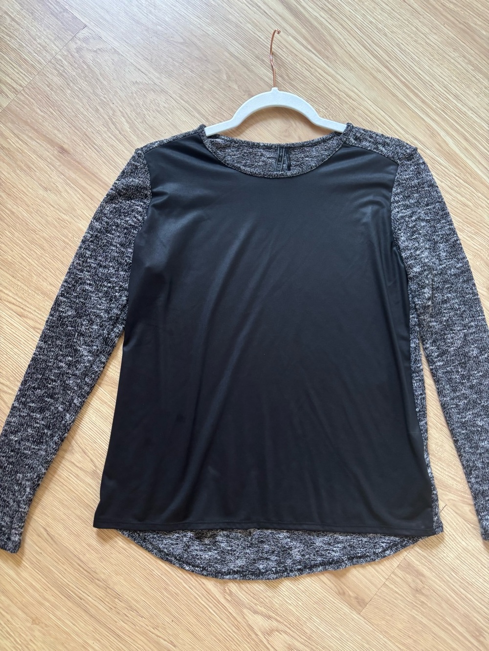 Guess Black Front Panel Long Sleeve Top with Heathered Gray Sleeves
